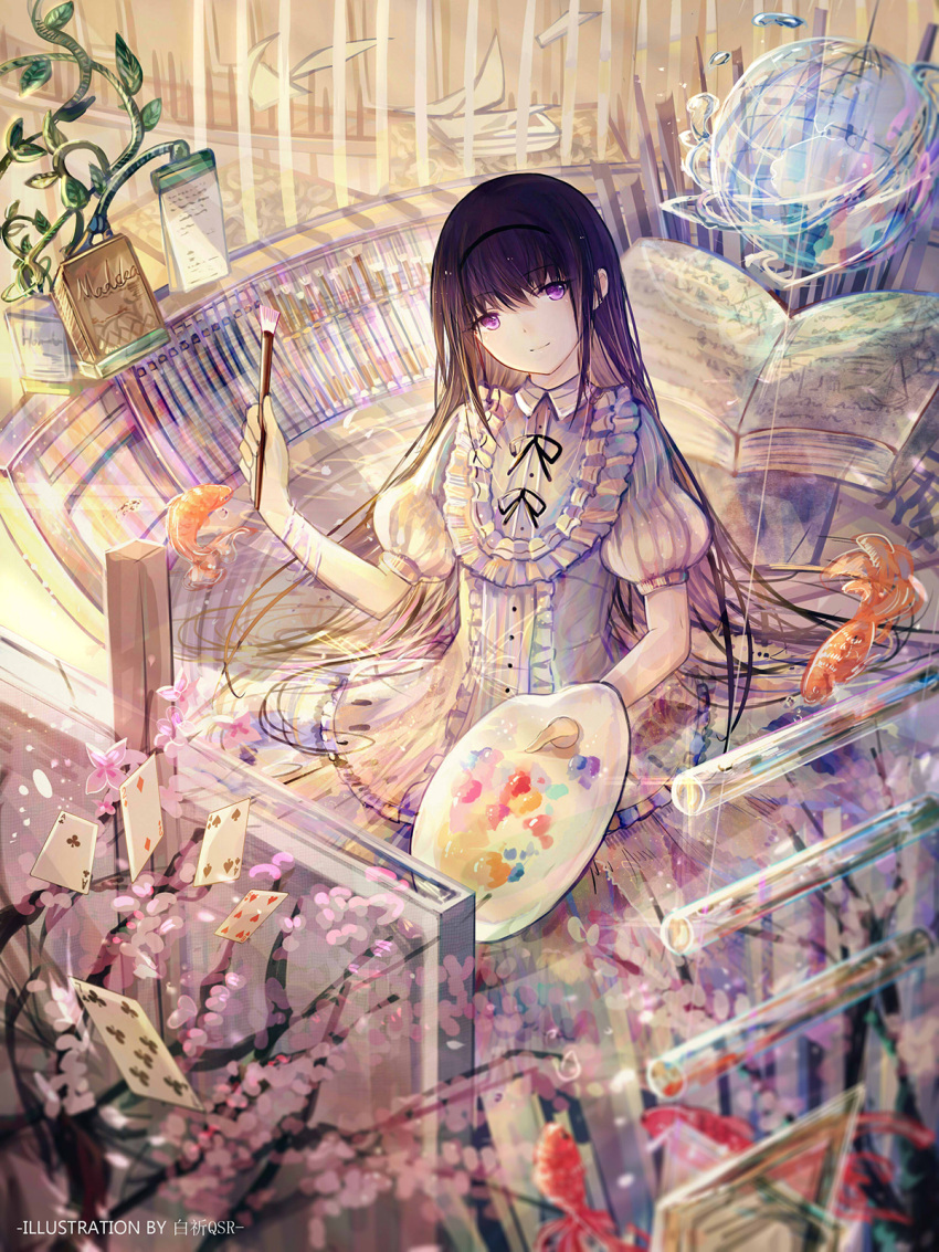 10s 1girl ace_of_clubs akemi_homura artist_name bai_qi-qsr black_hair black_hairband book card closed_mouth dress english fish flying_paper frilled_dress frills globe goldfish hairband highres holding_paintbrush light_smile long_hair looking_at_viewer mahou_shoujo_madoka_magica open_book paintbrush palette paper plant playing_card puffy_short_sleeves puffy_sleeves short_sleeves shrimp solo very_long_hair vines violet_eyes water_drop white_dress