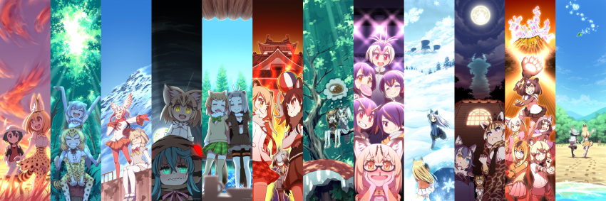 6+girls ^_^ african_wild_dog_(kemono_friends) african_wild_dog_ears alpaca_ears alpaca_suri_(kemono_friends) alpaca_tail american_beaver_(kemono_friends) animal_ears antlers aqua_hair backpack bag ball bear_ears bear_paw_hammer bear_tail beaver_ears beaver_tail bird_tail bird_wings black-tailed_prairie_dog_(kemono_friends) blonde_hair blood blush bow bowtie breasts brown_bear_(kemono_friends) bucket_hat campo_flicker_(kemono_friends) cat_ears closed_eyes column_lineup commentary_request common_raccoon_(kemono_friends) crested_ibis_(kemono_friends) eating emperor_penguin_(kemono_friends) eurasian_eagle_owl_(kemono_friends) ezo_red_fox_(kemono_friends) fennec_(kemono_friends) forest fox_ears fox_tail fur_collar gentoo_penguin_(kemono_friends) giraffe_ears giraffe_horns giraffe_print glasses gloves glowing glowing_eyes golden_snub-nosed_monkey_(kemono_friends) grass grey_hair grey_wolf_(kemono_friends) hair_between_eyes hair_over_one_eye hat hat_feather head_wings headphones highres holding holding_weapon hologram hood hoodie humboldt_penguin_(kemono_friends) jacket jaguar_(kemono_friends) jaguar_ears jaguar_tail japanese_crested_ibis_(kemono_friends) japari_bun japari_symbol kaban_(kemono_friends) kemono_friends lion_(kemono_friends) lion_ears long_hair margay_(kemono_friends) mirai_(kemono_friends) monkey_ears monkey_tail moose_(kemono_friends) moose_ears mountain multicolored_hair multiple_girls nature necktie north_american_beaver_(kemono_friends) northern_white-faced_owl_(kemono_friends) nosebleed open_mouth otter_ears otter_tail pince-nez prairie_dog_ears prairie_dog_tail raccoon_(kemono_friends) raccoon_ears reticulated_giraffe_(kemono_friends) ribbon rockhopper_penguin_(kemono_friends) royal_penguin_(kemono_friends) sand_cat_(kemono_friends) sandstar serval_(kemono_friends) serval_ears serval_print serval_tail shoebill_(kemono_friends) silver_fox_(kemono_friends) skirt sky small-clawed_otter_(kemono_friends) smile snow spoilers spoon striped_tail syego tail thigh-highs thought_bubble tree tsuchinoko_(kemono_friends) twitter_username weapon white_legwear wings wolf_ears |d
