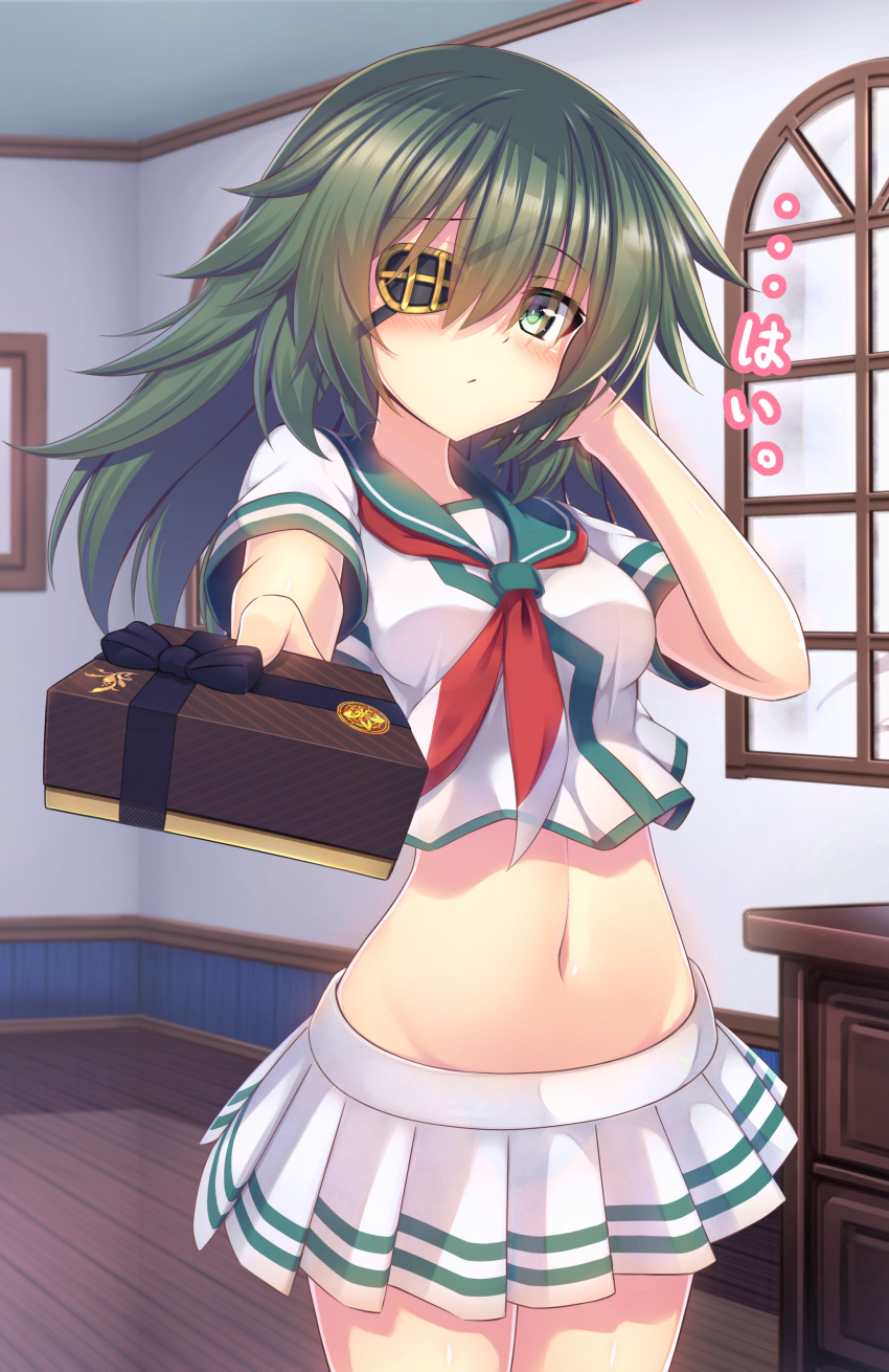 1girl absurdres bangs blush breasts cabinet closed_mouth cowboy_shot eyebrows_visible_through_hair eyepatch gift green_eyes green_hair groin hair_between_eyes hand_in_hair hand_up highres holding holding_gift incoming_gift indoors kantai_collection kiso_(kantai_collection) long_hair looking_at_viewer medium_breasts midriff miniskirt murasame_shia navel neckerchief pleated_skirt red_neckerchief school_uniform serafuku short_sleeves skirt solo standing valentine white_skirt window