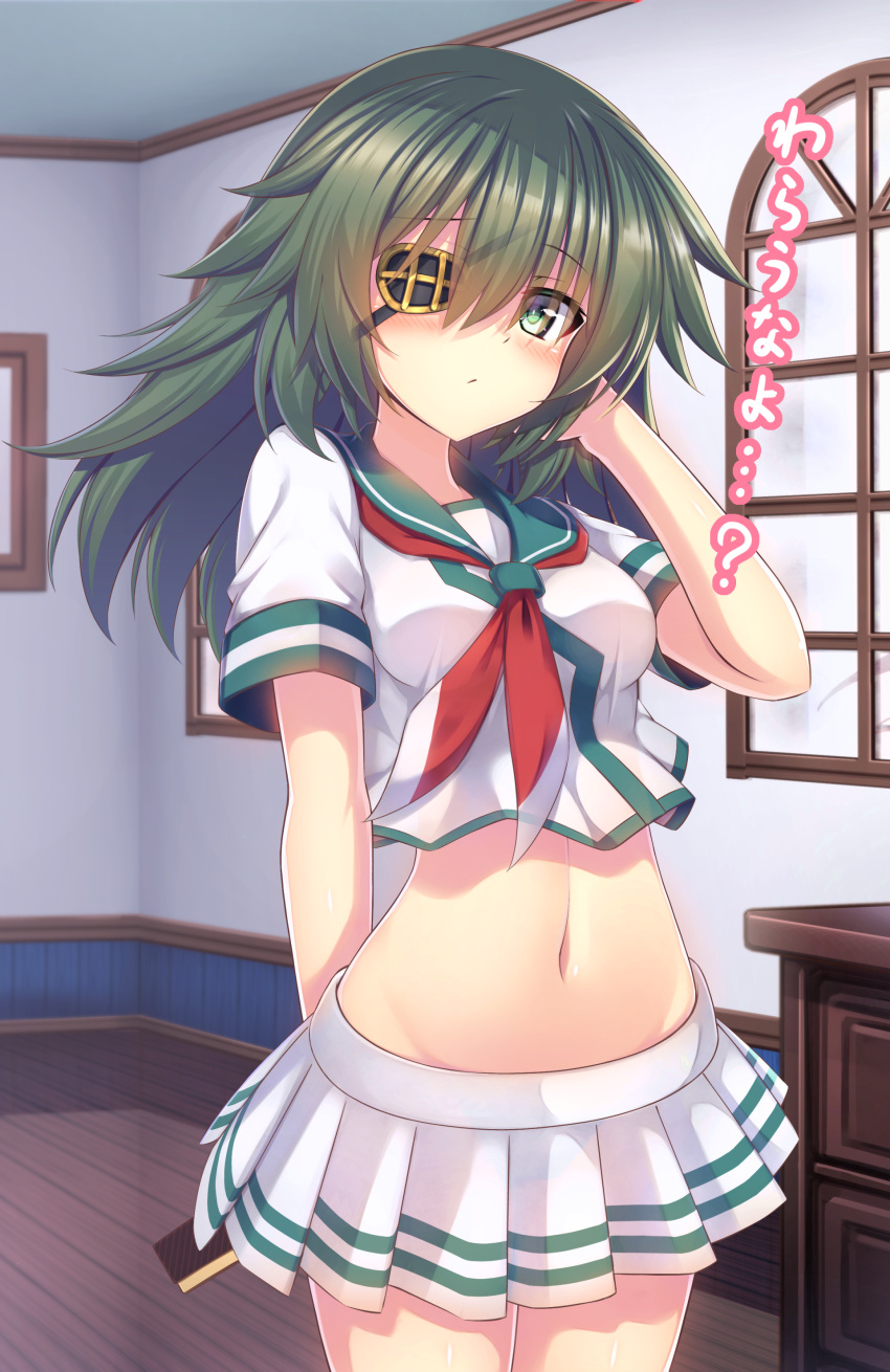 1girl absurdres bangs blush breasts cabinet closed_mouth cowboy_shot eyebrows_visible_through_hair eyepatch gift green_eyes green_hair groin hair_between_eyes hand_in_hair hand_up highres holding holding_gift indoors kantai_collection kiso_(kantai_collection) long_hair looking_at_viewer medium_breasts midriff miniskirt murasame_shia navel neckerchief pleated_skirt red_neckerchief school_uniform serafuku short_sleeves skirt solo standing valentine white_skirt window