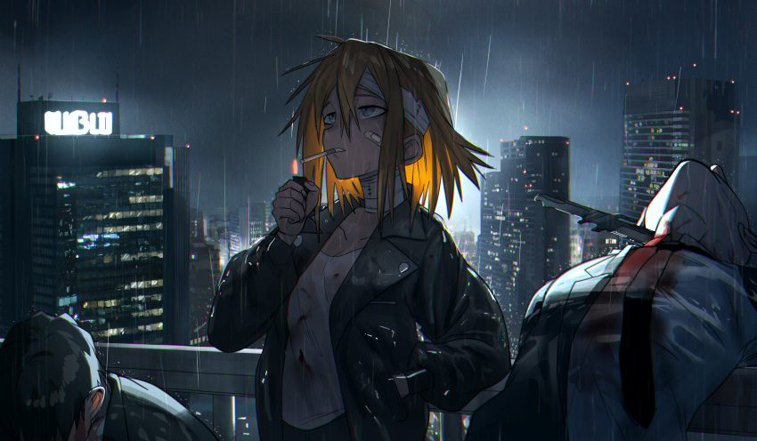 1girl bandage black_coat blonde_hair character_request cigarette cityscape coat collarbone copyright_request corpse grey_eyes hand_in_pocket highres lighter looking_away rain short_hair solo summergoat water_drop