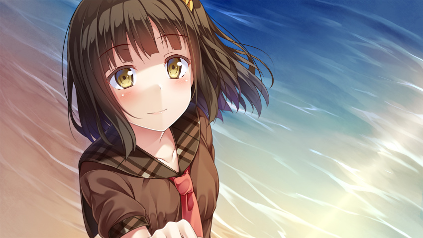 1girl beach black_hair blush brown_shirt character_request collarbone copyright_request from_above hair_ornament highres long_hair looking_up necktie outdoors red_necktie school_uniform serafuku shirt short_sleeves smile solo yellow_eyes yuuri_nayuta