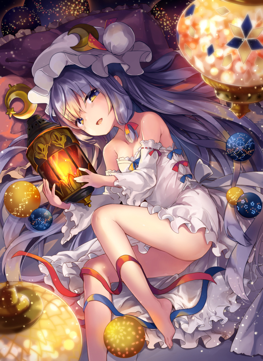 1girl absurdres bangs bare_legs bare_shoulders barefoot blue_ribbon breasts cleavage crescent crescent_hair_ornament detached_sleeves dress feet hair_ornament hair_ribbon hat highres kedama_milk lantern long_hair looking_at_viewer lying mob_cap on_side patchouli_knowledge pillow red_ribbon ribbon small_breasts smile solo touhou very_long_hair violet_eyes white_dress
