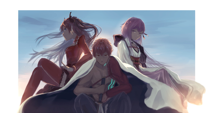 1boy 2girls absurdres cape emiya_shirou fate/grand_order fate_(series) formalcraft from_side highres imaginary_around legs_crossed limited/zero_over long_hair looking_at_viewer matou_sakura mifuru multiple_girls obi orange_hair purple_hair sash shroud_of_martin sketch smile sword thigh-highs tohsaka_rin toosaka_rin violet_eyes weapon white_border