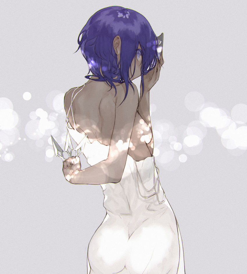 1girl absurdres ass assassin_(fate/prototype_fragments) bare_shoulders breasts dark_skin dress fate/prototype fate/prototype:_fragments_of_blue_and_silver fate_(series) fifuth flower hairband highres knife looking_at_viewer looking_back mask purple_hair short_hair sideboob skull sleeveless sleeveless_dress small_breasts solo sundress violet_eyes white_dress