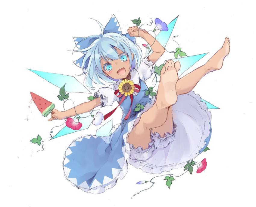 1girl :d barefoot bloomers blue_bow blue_dress blue_eyes blue_flower blue_hair bow cirno dress feet flower food frilled_dress frilled_sleeves frills full_body hair_bow hidden_star_in_four_seasons highres ice ice_wings leaf looking_at_viewer morning_glory open_mouth popsicle puffy_short_sleeves puffy_sleeves red_flower red_ribbon ribbon short_hair short_sleeves smile solo sunflower tan tanline touhou toutenkou underwear watermelon_bar white_bloomers wings