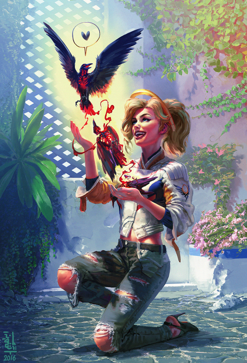 1girl 2016 adapted_costume animal animal_on_hand belt bird black_shoes blonde_hair blood blue_eyes blue_pants buttons commentary cropped_jacket crow dated death denim flower groin happy headgear heart high_heels highres holding holding_animal jacket jeans kneeling leaf lips lipstick makeup mechanical_halo mercy_(overwatch) midair nose open_mouth overwatch pants plant ponytail realistic red_lips red_lipstick resurrection revision saint-max shoes short_sleeves signature sleeves_past_elbows sleeves_pushed_up smile solo spoken_heart sweater teeth torn_clothes torn_jeans turtleneck white_jacket wing_print wings