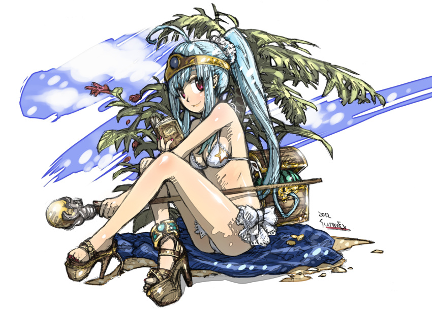 1girl blue_hair breasts circlet cleavage dragon_quest dragon_quest_iii full_body haku_(sabosoda) long_hair looking_at_viewer medium_breasts nail_polish ponytail red_eyes sage_(dq3) sitting smile solo staff weapon
