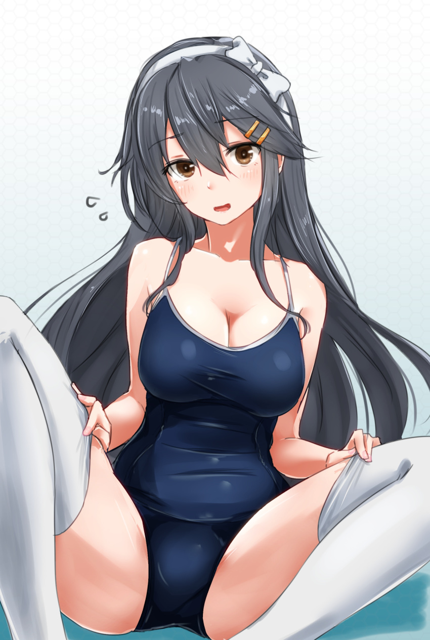 1girl absurdres adjusting_clothes adjusting_legwear ame-rain blue_swimsuit bow breasts brown_eyes cleavage competition_school_swimsuit eyebrows_visible_through_hair grey_hair hair_between_eyes hair_ornament hairband hairclip haruna_(kantai_collection) highres kantai_collection large_breasts long_hair one-piece_swimsuit sitting solo swimsuit thigh-highs white_legwear