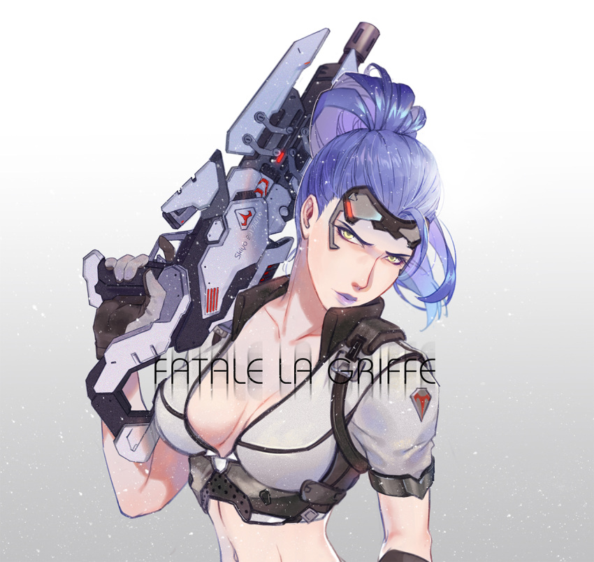 1girl alternate_costume breasts cleavage collarbone finger_on_trigger gradient gradient_background grey_background gun headpiece highres holding holding_gun holding_weapon kistina lips looking_at_viewer medium_breasts midriff navel nose overwatch ponytail purple_hair purple_lips rifle short_sleeves snowing solo talon_widowmaker upper_body weapon widowmaker_(overwatch) yellow_eyes
