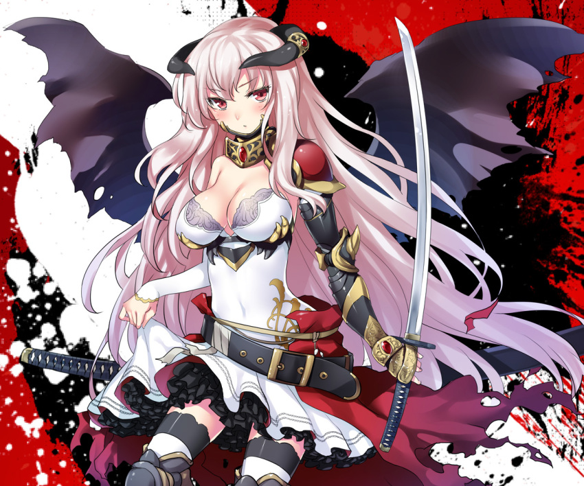 1girl 47agdragon arm_warmers armor bangs beltskirt black_legwear blush breasts cleavage demon_girl dress eyebrows_visible_through_hair greaves holding holding_sword holding_weapon katana large_breasts long_hair looking_at_viewer original parted_lips petticoat red_eyes sash sheath sheathed shoulder_armor single_vambrace solo standing sword thigh-highs vambraces weapon white_dress white_hair wings