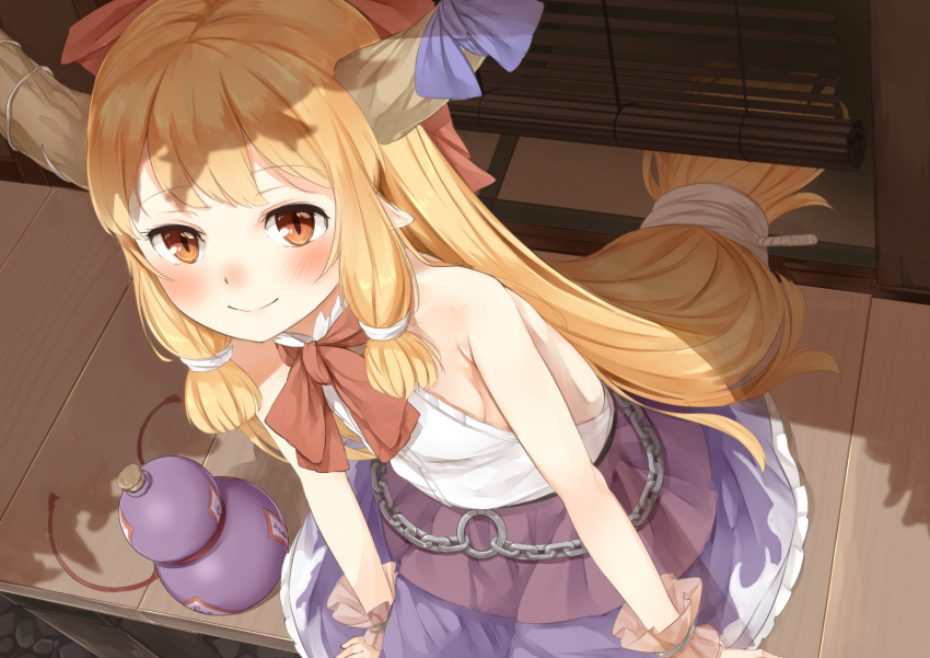 1girl backless_outfit bamboo_screen bare_shoulders blonde_hair blue_bow blush bow bowtie breasts chains dress from_above gourd hair_bow highres horn_bow horn_ribbon horns ibuki_suika long_hair looking_at_viewer low-tied_long_hair nishiuri open-back_dress orange_eyes pointy_ears porch purple_skirt red_bow red_bowtie ribbon shade shirt sideboob sidelocks sitting skirt sleeveless sleeveless_shirt slit_pupils small_breasts smile solo tassel touhou very_long_hair white_shirt wrist_cuffs