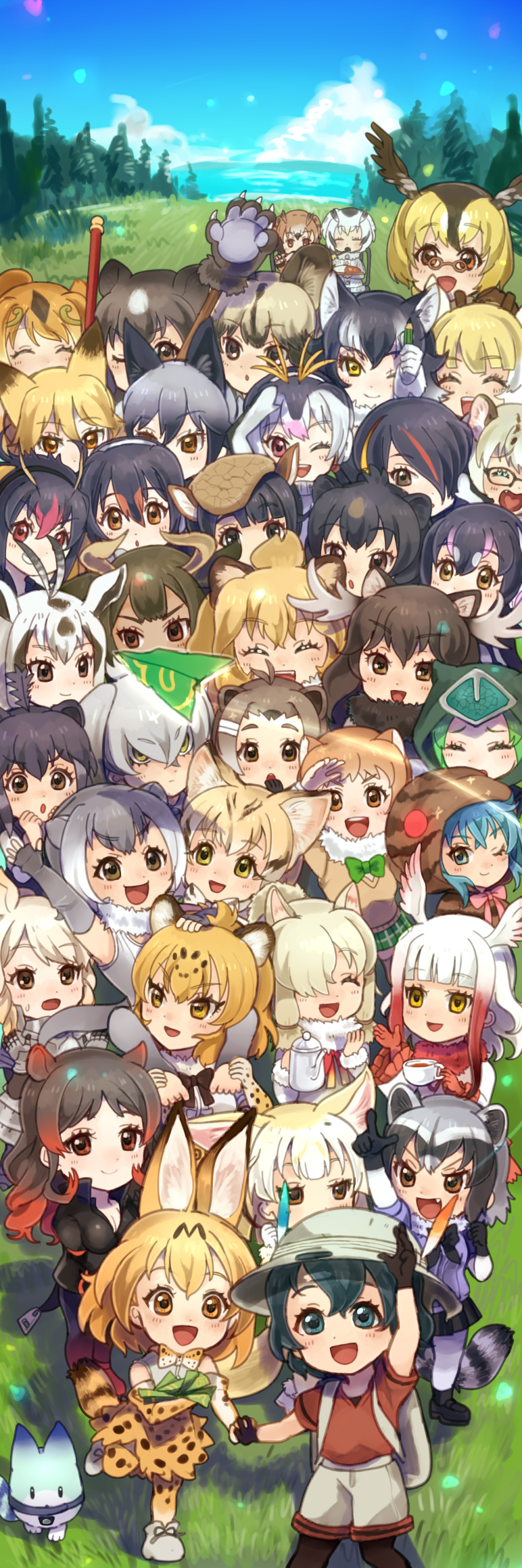 &gt;:( &gt;:d &gt;:o 6+girls :d :o ;) ;d ^_^ ^o^ absurdres african_porcupine_(kemono_friends) african_wild_dog_(kemono_friends) ahoge alpaca_ears alpaca_suri_(kemono_friends) american_beaver_(kemono_friends) animal_ears animal_hood ankle_boots antenna_hair antlers aqua_hair arabian_oryx_(kemono_friends) arm_up armor armpits aurochs_(kemono_friends) backpack bag bangs bangs_pinned_back bare_shoulders bear_ears beaver_ears beniko08 beret bird bird_wings black-tailed_prairie_dog_(kemono_friends) black_gloves black_hair black_jacket black_legwear black_ribbon black_skirt blonde_hair blue_eyes blue_shirt blue_sky blunt_bangs blush boots bow bowtie breasts brown-framed_eyewear brown_bear_(kemono_friends) brown_coat brown_eyes brown_hair brown_hat bucket_hat buttons campo_flicker_(kemono_friends) carrying cat_ears chair chibi circlet cleavage cloak closed_eyes clouds coat collar common_raccoon_(kemono_friends) covering_mouth cow_ears crested_ibis_(kemono_friends) crossed_bangs cup dark_skin day dot_nose drawstring drink eating elbow_gloves emperor_penguin_(kemono_friends) eurasian_eagle_owl_(kemono_friends) everyone eyebrows eyebrows_visible_through_hair eyelashes ezo_red_fox_(kemono_friends) facing_another facing_away facing_viewer fang fennec_(kemono_friends) fingerless_gloves fox_ears fox_tail frilled_sleeves frills full_body fur-trimmed_gloves fur-trimmed_sleeves fur_collar fur_trim gentoo_penguin_(kemono_friends) giant_armadillo_(kemono_friends) glasses gloves golden_snub-nosed_monkey_(kemono_friends) gradient_hair grass green_bow green_bowtie green_hair green_skirt grey_gloves grey_hair grey_wolf_(kemono_friends) grin hair_between_eyes hair_bun hair_ornament hair_over_one_eye hair_ribbon hairclip hand_holding hand_on_another's_head hand_on_own_forehead hand_up hands_up happy hat hat_feather head_wings headphones heart heart_in_mouth high-waist_skirt high_ponytail highres hippopotamus_(kemono_friends) holding holding_cup holding_paper holding_pencil holding_spoon hood hooded_cloak hoodie horizontal_stripes horns humboldt_penguin_(kemono_friends) index_finger_raised jacket jaguar_(kemono_friends) jaguar_ears japanese_black_bear_(kemono_friends) japanese_crested_ibis_(kemono_friends) japari_symbol jitome kaban_(kemono_friends) kemono_friends kettle leg_lift light_brown_hair lion_(kemono_friends) lion_ears long_hair long_sleeves looking_at_another looking_to_the_side low_twintails lucky_beast_(kemono_friends) mane margay_(kemono_friends) monkey_ears moose_(kemono_friends) moose_ears multicolored multicolored_clothes multicolored_hair multicolored_legwear multiple_girls neck_ribbon no_shoes north_american_beaver_(kemono_friends) northern_white-faced_owl_(kemono_friends) one-piece_swimsuit one_eye_closed open_hand open_hands open_mouth orange_eyes orange_hair outdoors panther_chameleon_(kemono_friends) pantyhose paper paper_airplane parted_bangs pencil pince-nez pink_hair pink_ribbon plaid plaid_skirt pleated_skirt pointing ponytail prairie_dog_ears puffy_short_sleeves puffy_sleeves raccoon_(kemono_friends) raccoon_ears raccoon_tail raised_eyebrows red_eyes red_gloves red_ribbon red_shirt redhead reticulated_giraffe_(kemono_friends) ribbon ringlets rockhopper_penguin_(kemono_friends) royal_penguin_(kemono_friends) running salute sand_cat_(kemono_friends) sanpaku serval_(kemono_friends) serval_ears serval_print serval_tail shirt shoe_ribbon shoebill shoebill_(kemono_friends) short_hair short_sleeves shorts shoulder_carry sidelocks silver_fox_(kemono_friends) sitting skirt sky sleeve_cuffs small-clawed_otter_(kemono_friends) smile sparkle spoon spoon_in_mouth staff standing streaked_hair striped striped_hoodie striped_tail sweat sweater swept_bangs swimsuit tail tareme tea teacup teeth thick_eyebrows thigh-highs toeless_legwear toenails toes tree tress_ribbon tsuchinoko_(kemono_friends) tsurime turtleneck twintails two-tone_hair upper_body vest wavy_hair weapon white_boots white_footwear white_gloves white_hair white_jacket white_rhinoceros_(kemono_friends) white_shirt white_swimsuit wide_sleeves wings wolf_ears yellow_eyes yellow_ribbon zettai_ryouiki |d