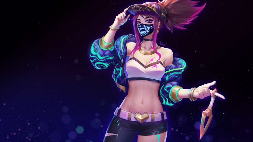 1girl akali artist_name asymmetrical_clothes bare_shoulders baseball_cap belt black_choker black_pants blue_eyes blue_jacket bracelet breasts brown_hair choker cleavage cowboy_shot earrings hat heat highres holding idol jacket jewelry k/da_(league_of_legends) k/da_akali kezi kunai league_of_legends long_hair looking_at_viewer makeup mask midriff navel necklace open_clothes open_jacket paint_splatter pants ponytail sidelocks single_pantsleg smirk solo stomach strapless tubetop weapon