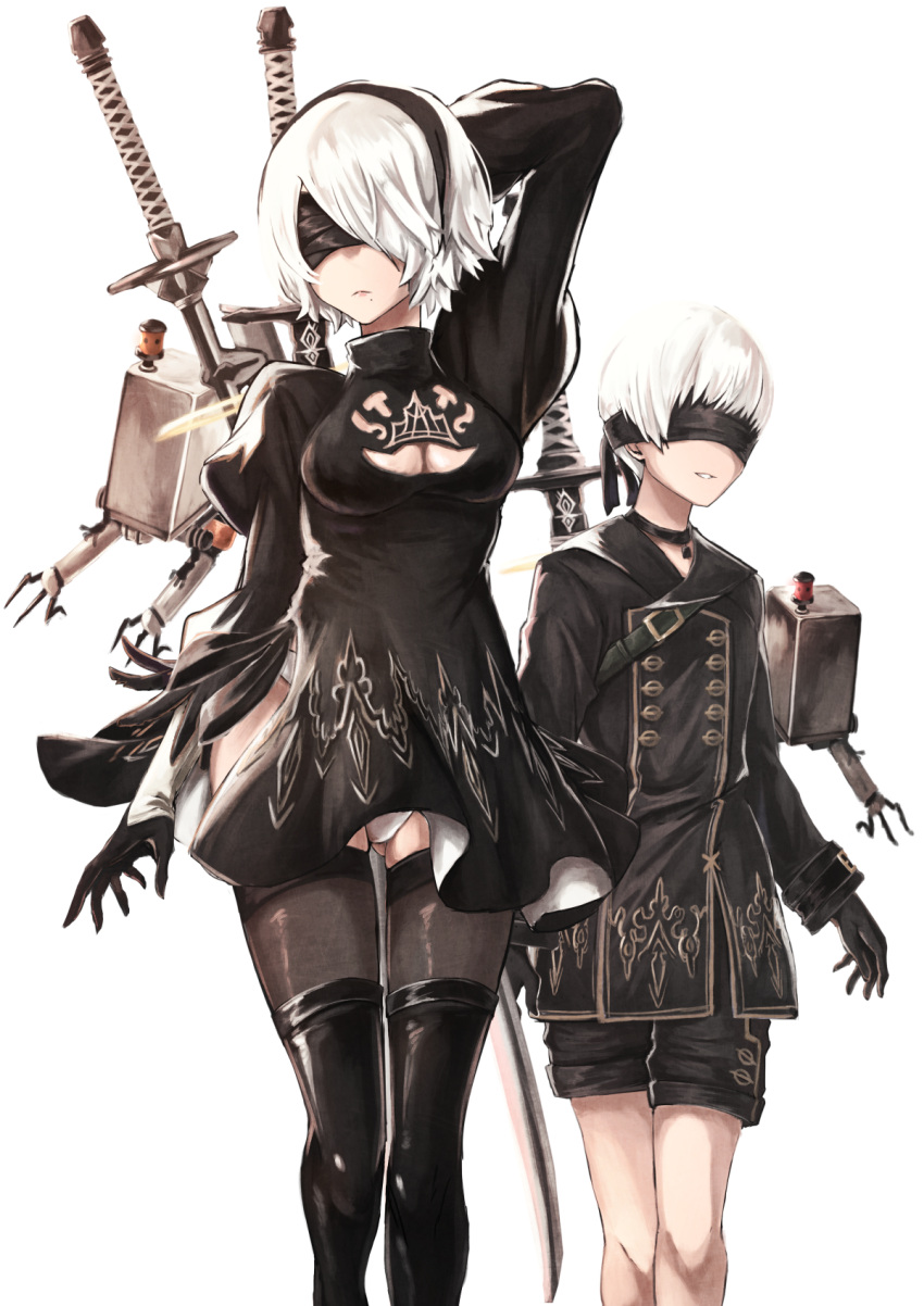 1boy 1girl android blindfold boots breasts choker cleavage cleavage_cutout dress gloves hatohane_(tonnkotubird) highres jacket juliet_sleeves katana leotard long_sleeves medium_breasts mole mole_under_mouth nier_(series) nier_automata patterned_clothing pod_(nier_automata) puffy_sleeves short_hair shorts standing sword thigh-highs thigh_boots weapon white_background white_hair yorha_no._2_type_b yorha_no._9_type_s