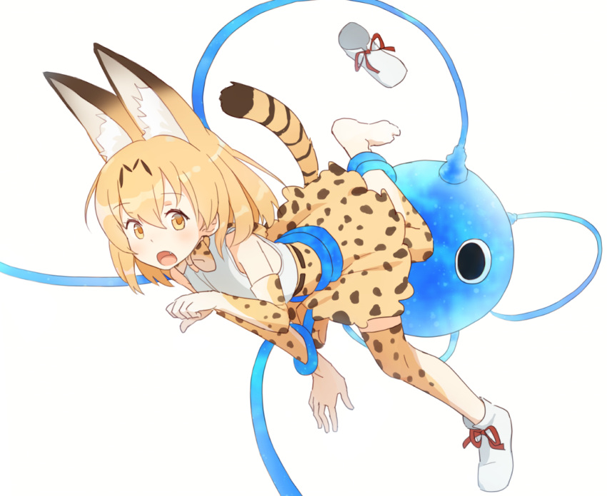 1girl :o animal_ears ankle_boots boots bow bowtie cerulean_(kemono_friends) clenched_hand coupon_(skyth) elbow_gloves eyebrows_visible_through_hair fang footwear_removed full_body gloves hair_between_eyes kemono_friends leg_lift looking_at_viewer monster one-eyed open_mouth orange_eyes orange_hair red_ribbon ribbon serval_(kemono_friends) serval_ears serval_print serval_tail shirt shoe_removed shoe_ribbon short_hair simple_background single_shoe skirt sleeveless sleeveless_shirt striped_tail tail tareme tentacle thigh-highs tongue white_background white_boots white_footwear white_shirt zettai_ryouiki