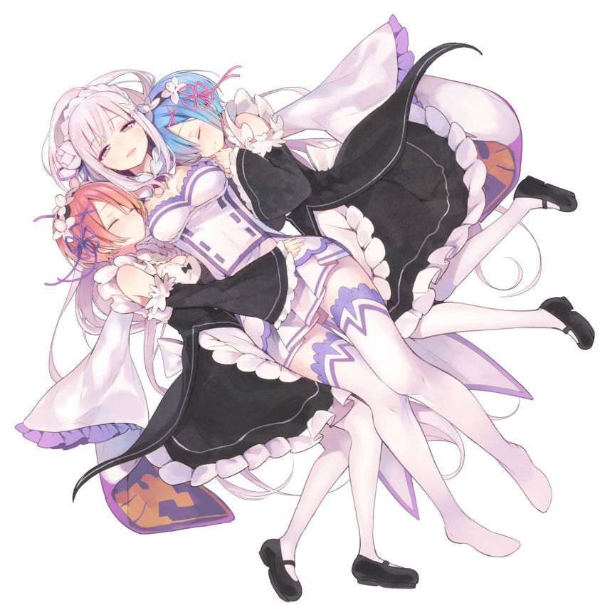 3girls black_shoes blue_hair blush braid breasts brown_eyes cleavage closed_eyes closed_mouth detached_sleeves dress emilia_(re:zero) eyebrows_visible_through_hair frilled_sleeves frills full_body highres hiyo_kiki lavender_hair long_hair long_sleeves lying maid maid_headdress mary_janes medium_breasts multiple_girls no_shoes on_back on_side outstretched_arms pantyhose parted_lips pink_hair ram_(re:zero) re:zero_kara_hajimeru_isekai_seikatsu rem_(re:zero) shoes short_hair siblings simple_background sisters sleeves_past_wrists smile spread_arms thigh-highs twins very_long_hair white_background white_legwear wide_sleeves