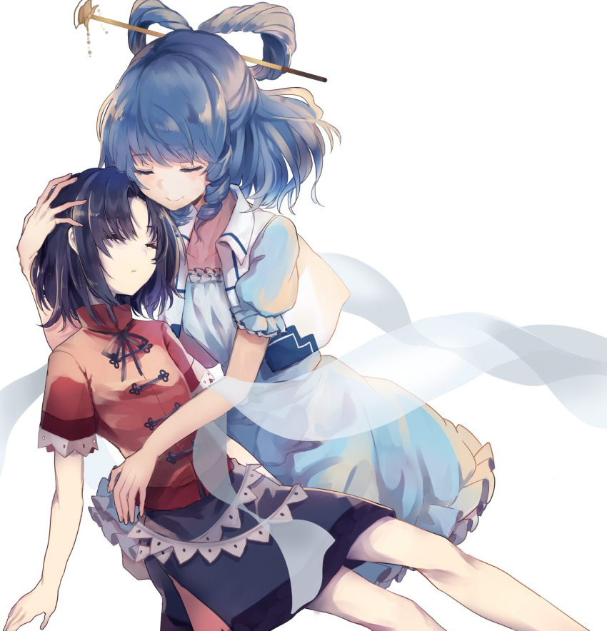 2girls black_hair black_ribbon black_skirt blue_dress blue_hair closed_eyes collarbone collared_vest commentary_request dress drill_hair frilled_sleeves frills hair_ornament hair_stick hand_on_another's_head highres hug kaku_seiga miyako_yoshika multiple_girls neck_ribbon no_hat no_headwear puffy_short_sleeves puffy_sleeves red_shirt ribbon shawl shirt short_hair short_sleeves simple_background skirt sleeping smile tare_nu_(usesase) touhou vest white_background white_vest