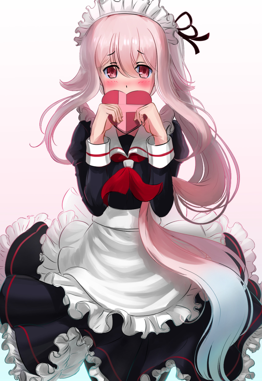 1girl adapted_costume alternate_costume ao_iro apron black_dress cowboy_shot dress enmaided frilled_apron frills gradient_hair harusame_(kantai_collection) heart heart-shaped_box highres kantai_collection long_hair looking_at_viewer maid maid_headdress multicolored_hair neckerchief pink_hair red_eyes red_neckerchief side_ponytail simple_background solo white_apron white_background white_sailor_collar