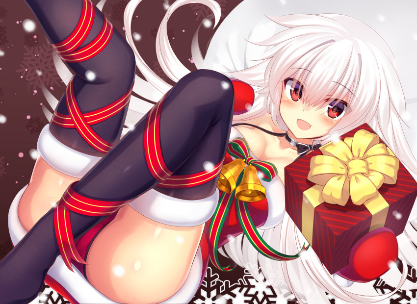 1girl absurdres bare_shoulders bell blush box breasts choker christmas fur_trim gift gloves highres long_hair looking_at_viewer lying medium_breasts murasame_shia on_back open_mouth original panties pantyshot red_eyes red_gloves red_panties ribbon smile solo thigh-highs underwear white_hair