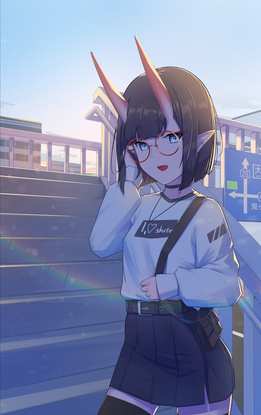 1girl :d absurdres bag bangs black_hair black_legwear blue_eyes breasts casual choker eyeliner fang fate/grand_order fate_(series) glasses handbag highres horns jewelry looking_at_viewer makeup necklace oni oni_horns outdoors pleated_skirt pointy_ears sawarineko short_hair shuten_douji_(fate) skirt small_breasts smile thigh-highs