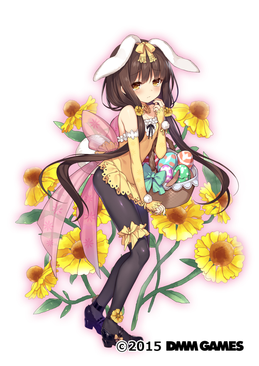 1girl animal_ears bangs bare_shoulders basket black_legwear black_shoes blunt_bangs blush bow brown_hair crying crying_with_eyes_open detached_collar detached_sleeves easter easter_egg egg embarrassed eyebrows_visible_through_hair flower flower_knight_girl full_body hair_bow hair_flower hair_ornament helenium_(flower_knight_girl) highres leg_garter long_hair long_sleeves looking_at_viewer low_twintails object_namesake official_art pantyhose pom_pom_(clothes) rabbit_ears raised_eyebrows shiny shiny_clothes shoes sleeves_past_wrists solo standing sugimeno teardrop tears twintails very_long_hair yellow_bow yellow_eyes