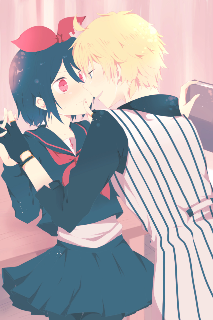 1boy 1girl alternate_costume aoi_choko_(aoichoco) black_hair blonde_hair blue_eyes blush bow fingerless_gloves gloves hair_bow hetero highres incest kagamine_len kagamine_rin long_sleeves looking_at_another project_diva_(series) project_diva_x red_eyes short_hair siblings simple_background skirt smile twincest twins vocaloid