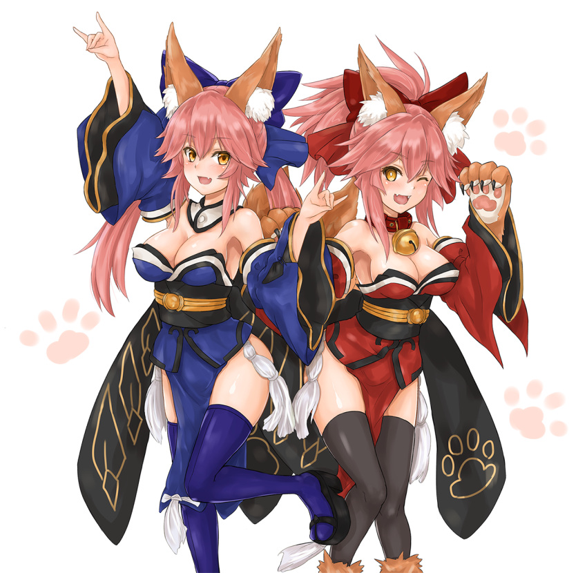 2girls animal_ears bell bell_collar black_legwear blue_legwear blush bow brde breasts cleavage collar detached_sleeves dual_persona fangs fate/extra fate/grand_order fate_(series) fox_ears fox_shadow_puppet fox_tail hair_bow hair_ribbon highres japanese_clothes large_breasts long_hair looking_at_viewer multiple_girls one_eye_closed open_mouth paw_pose paws pink_hair ribbon tail tamamo_(fate)_(all) tamamo_cat_(fate) tamamo_no_mae_(fate) yellow_eyes