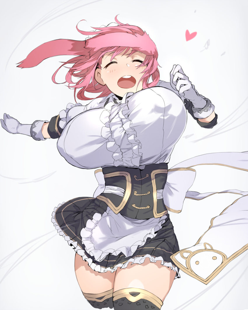 1girl animal_ears apron bouncing_breasts breasts closed_eyes corset cowboy_shot extra_ears frilled_skirt frills ganesagi gloves heart highres huge_breasts maid maid_headdress miniskirt momo_(ganesagi) open_mouth original pink_hair rabbit_ears round_teeth simple_background skirt solo teeth thigh-highs thighs wind