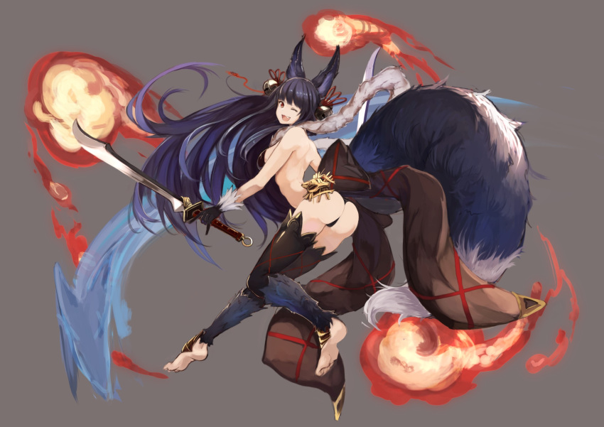 1girl ;3 animal_ears ass bare_back bare_shoulders bell black_hair black_panties breasts erun_(granblue_fantasy) fang fireball fur granblue_fantasy hair_bell hair_ornament highres holding holding_sword holding_weapon homo_1121 jingle_bell long_hair looking_at_viewer medium_breasts one_eye_closed open_mouth panties red_eyes sideboob simple_background smile solo sword tail underwear weapon yuel_(granblue_fantasy)