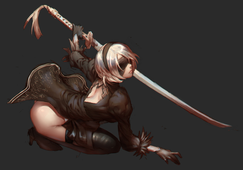 1girl ass black_boots black_dress black_legwear blindfold boots commentary_request dress full_body gloves hairband high_heels katana kitsune_n kneeling nier_(series) nier_automata silver_hair simple_background solo sword thigh-highs thigh_boots weapon yorha_no._2_type_b