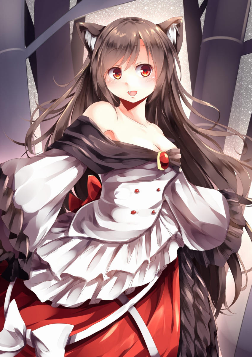 1girl adapted_costume animal_ears backlighting bamboo bangs bare_shoulders blouse blush bow breasts brooch brown_hair cleavage collarbone fang frilled_shirt frilled_skirt frilled_sleeves frills from_side hair_between_eyes highres imaizumi_kagerou jewelry kanzakietc lavender_shirt long_hair long_skirt looking_at_viewer looking_to_the_side medium_breasts night night_sky off_shoulder open_mouth petticoat red_eyes red_skirt shiny shiny_hair shirt skirt sky sleeves_past_wrists smile solo star_(sky) starry_sky touhou very_long_hair white_blouse wide_sleeves wolf_ears yellow_eyes
