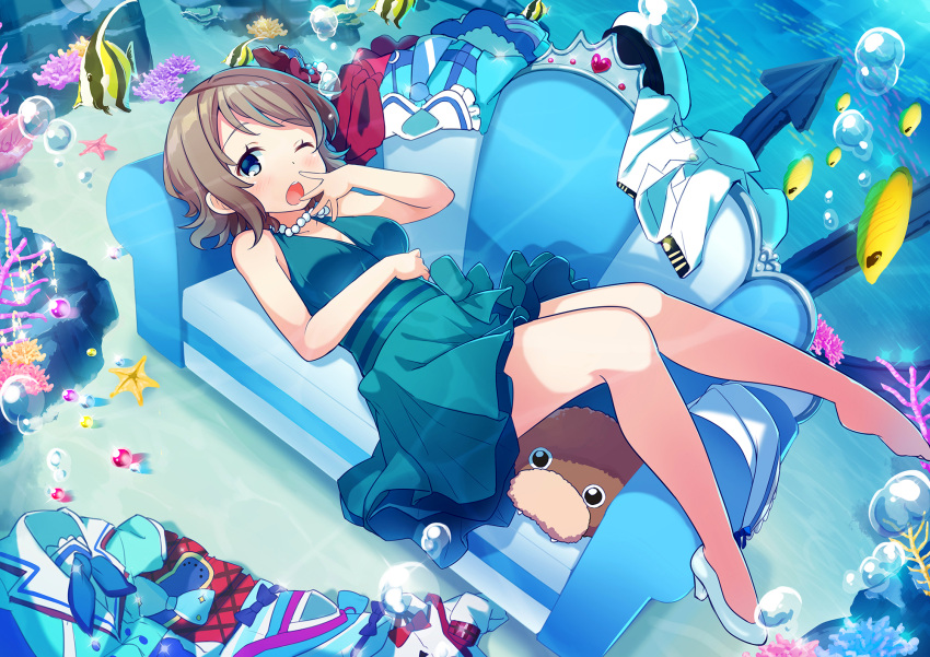 1girl ;o anchor angelfish aozora_jumping_heart aqua_dress bare_legs barefoot blue_eyes brown_hair bubble commentary_request coral couch dress flower grey_hair hair_flower hair_ornament hat hat_removed headwear_removed high_heels highres jewelry kimi_no_kokoro_wa_kagayaiteru_kai? looking_at_viewer love_live! love_live!_school_idol_festival love_live!_sunshine!! lying mijuku_dreamer military military_uniform naval_uniform necklace on_back one_eye_closed peaked_cap pearl_necklace robin16 sash shirt_removed shoes_removed short_hair single_shoe sleeveless sleeveless_dress solo starfish uchicchii underwater uniform watanabe_you yawning