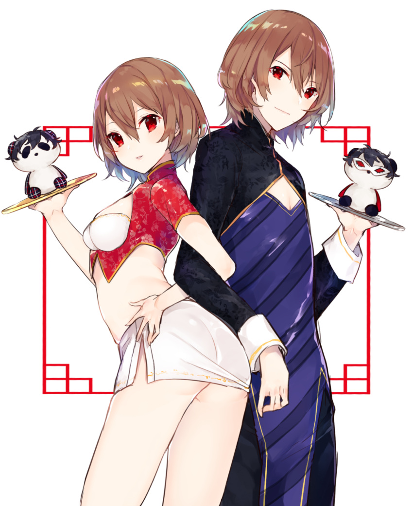 1boy 1girl akechi_gorou ass breasts brown_hair chinese_clothes cleavage cleavage_cutout genderswap genderswap_(mtf) highres kurusu_akira light_brown_hair locked_arms looking_at_viewer medium_breasts medium_hair midriff pale_skin parted_lips patterned_clothing persona persona_5 red_eyes sakofu shiny shiny_clothes shiny_hair short_hair simple_background skirt smile standing stuffed_toy tray