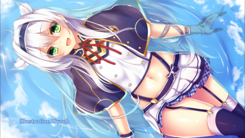 1girl ahoge animal_ears artist_name crop_top double-breasted end_card garter_straps gloves green_eyes hair_between_eyes hair_intakes hairband highres long_hair looking_at_viewer lying midriff miniskirt navel open_mouth pleated_skirt rokudenashi_majutsu_koushi_to_akashic_record screencap silver_hair sistine_fiber skirt stomach syroh thigh-highs water wrist_cuffs