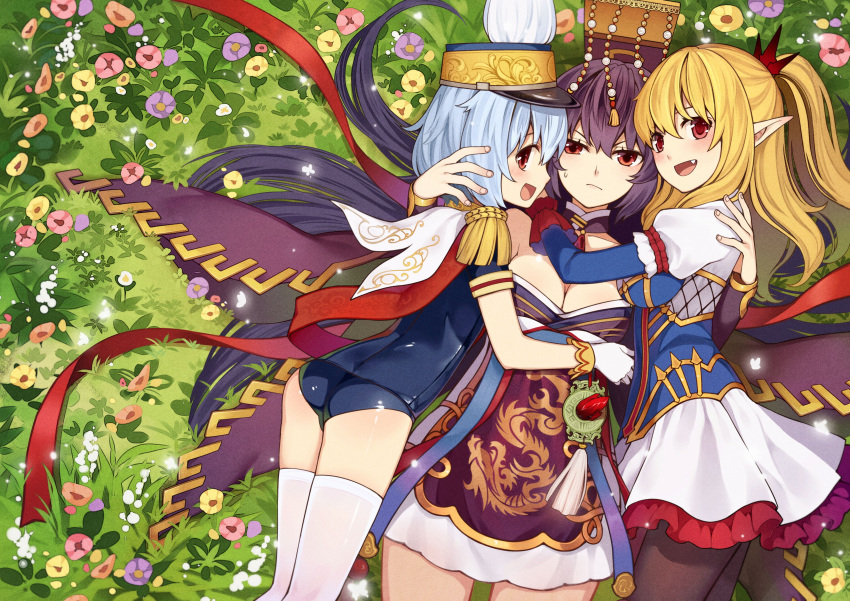 3girls absurdres ass blonde_hair blue_hair blue_swimsuit breasts dragon dragon_print dress eastern_dragon epaulettes fang flower from_above frown girl_sandwich gloves grass hair_between_eyes hat highres large_breasts lavender_hair long_hair looking_at_viewer lying moeoh_ex multiple_girls off-shoulder_dress off_shoulder on_back on_side one-piece_swimsuit open_mouth pantyhose peaked_cap pointy_ears puffy_short_sleeves puffy_sleeves purple_dress purple_hair red_eyes sandwiched shiny shiny_clothes short_dress short_hair short_sleeves side_ponytail sidelocks small_breasts smile swimsuit thighs tsubasa_tsubasa very_long_hair white_dress white_gloves white_legwear wrist_cuffs