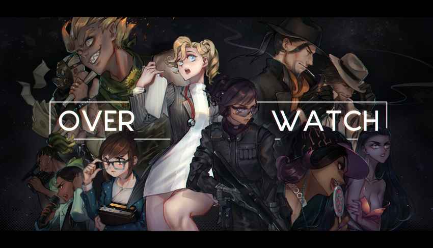 5boys 6+girls absurdres adjusting_glasses bare_shoulders baseball_cap black_hair blazer blonde_hair blue_eyes breasts brown_hair camera cigarette cleavage collar dress facial_tattoo fedora food glasses gloves goggles hairlocs hanzo_(overwatch) hat highres jacket junkrat_(overwatch) letterboxed long_hair lucio_(overwatch) mask mccree_(overwatch) medium_breasts mei_(overwatch) mercy_(overwatch) microphone military military_uniform money multiple_boys multiple_girls open_mouth overwatch pharah_(overwatch) pinstripe_pattern ponytail popsicle ribbed_dress roadhog_(overwatch) sai_ichirou sharp_teeth sombra_(overwatch) stethoscope strap_slip striped symmetra_(overwatch) tattoo teeth uniform white_dress widowmaker_(overwatch)