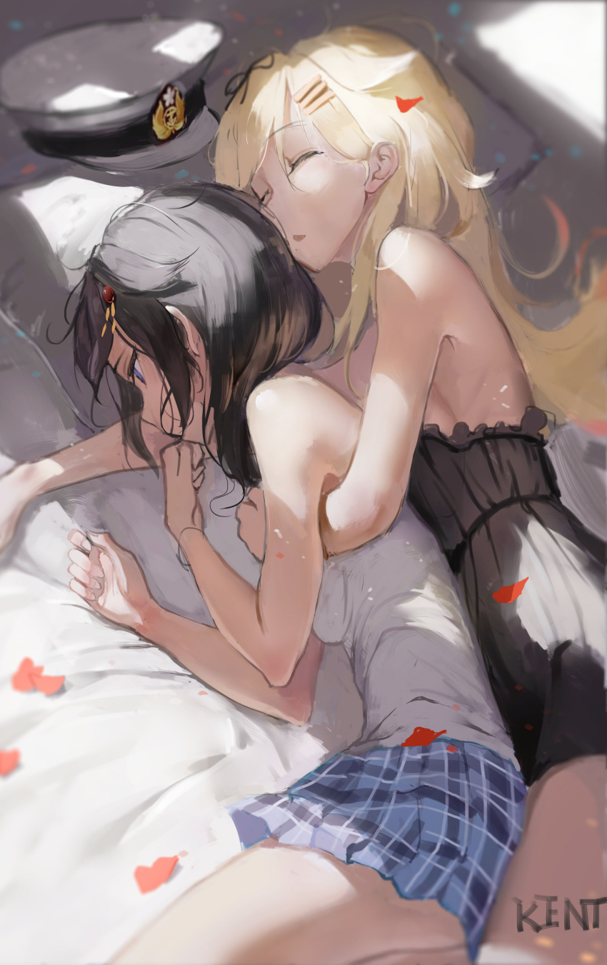 2girls absurdres alternate_costume arm bare_arms bare_shoulders bed bed_sheet black_dress black_hair blonde_hair blue_eyes blue_skirt breast_press breasts brown_hair casual closed_eyes couple dress female from_above hair_ornament hair_over_shoulder hair_ribbon hat hat_removed highres hug hug_from_behind kantai_collection kentllaall long_hair looking_away lying medium_breasts miniskirt multiple_girls on_bed on_side open_mouth petals pillow plaid plaid_skirt remodel_(kantai_collection) ribbon shigure_(kantai_collection) shirt short_hair signature skirt sleeping sleepwear sleeveless sleeveless_dress sleeveless_shirt small_breasts yuri yuudachi_(kantai_collection)