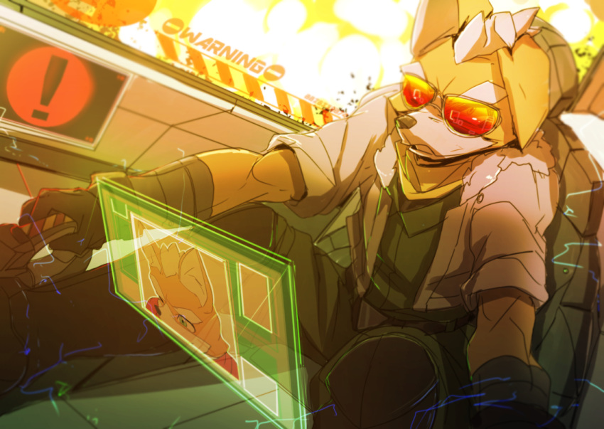 2boys animal_ears blonde_hair blue_eyes father_and_son fox_ears fox_mccloud fox_tail furry gloves james_mccloud leai_leao_burgess_jr multiple_boys photo ship spoilers star_fox sunglasses tail watercraft