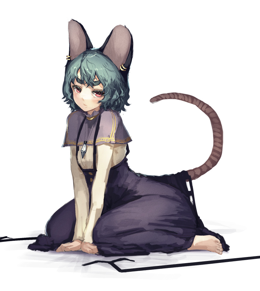 1girl animal_ears barefoot between_legs blouse blush capelet dowsing_rod earrings flat_chest grey_hair hand_between_legs hands_together high-waist_skirt highres jewelry kikimifukuri kneeling long_sleeves looking_at_viewer mouse_ears mouse_tail nazrin pendant red_eyes simple_background sketch skirt solo suspender_skirt suspenders tail thick_eyebrows touhou white_background