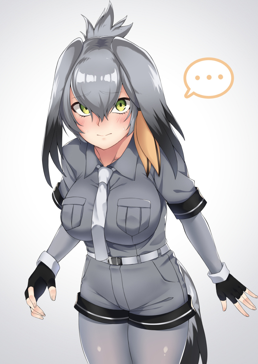 ... 1girl bangs belt bird_tail bird_wings black_gloves black_hair blush bodystocking breast_pocket breasts closed_mouth collared_shirt cowboy_shot eyebrows_visible_through_hair feathered_wings fingerless_gloves gloves green_eyes grey_hair grey_shirt grey_shorts head_wings highres kemono_friends large_breasts leaning_forward long_hair looking_at_viewer low_ponytail multicolored_hair necktie orange_hair pocket shirt shoebill_(kemono_friends) short_sleeves shorts side_ponytail solo spicy_moo spoken_ellipsis white_necktie wings