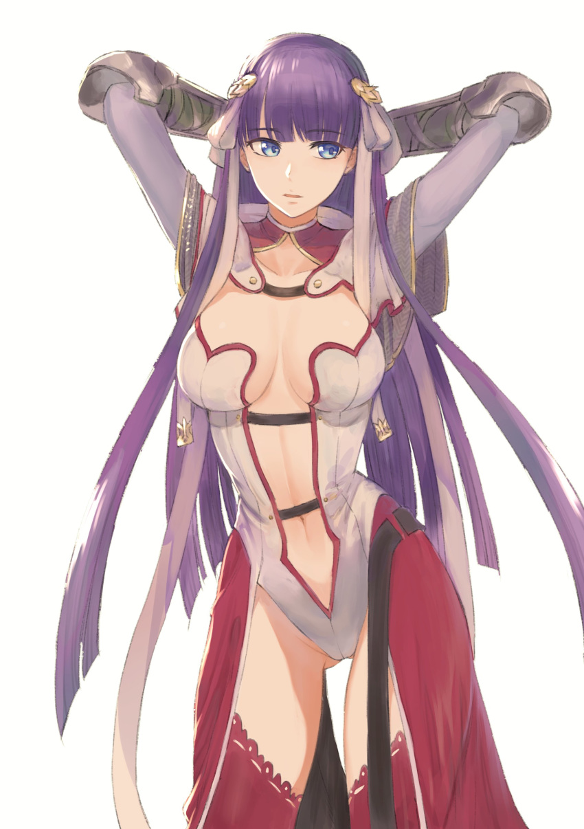 1girl absurdres arms_up bangs blue_eyes blue_hair blunt_bangs breasts emoshon fate/grand_order fate_(series) gauntlets hair_ribbon highres large_breasts leotard long_hair medium_breasts navel parted_lips purple_hair red_legwear ribbon saint_martha sidelocks simple_background solo thigh-highs white_background