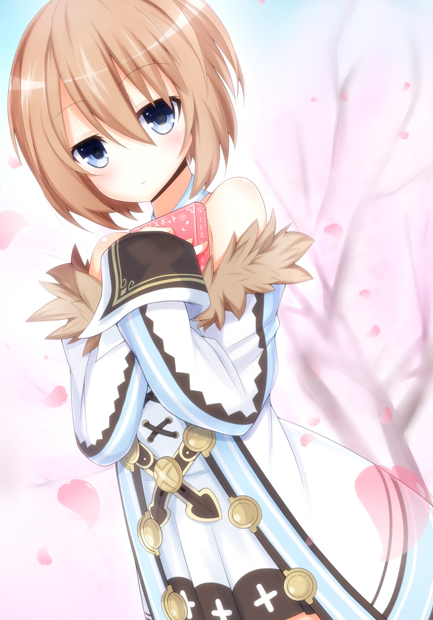 1girl absurdres bare_shoulders blanc blue_eyes blush box brown_hair choujigen_game_neptune gift gift_box haru_blanc0316 highres holding holding_gift looking_at_viewer neptune_(series) short_hair smile solo