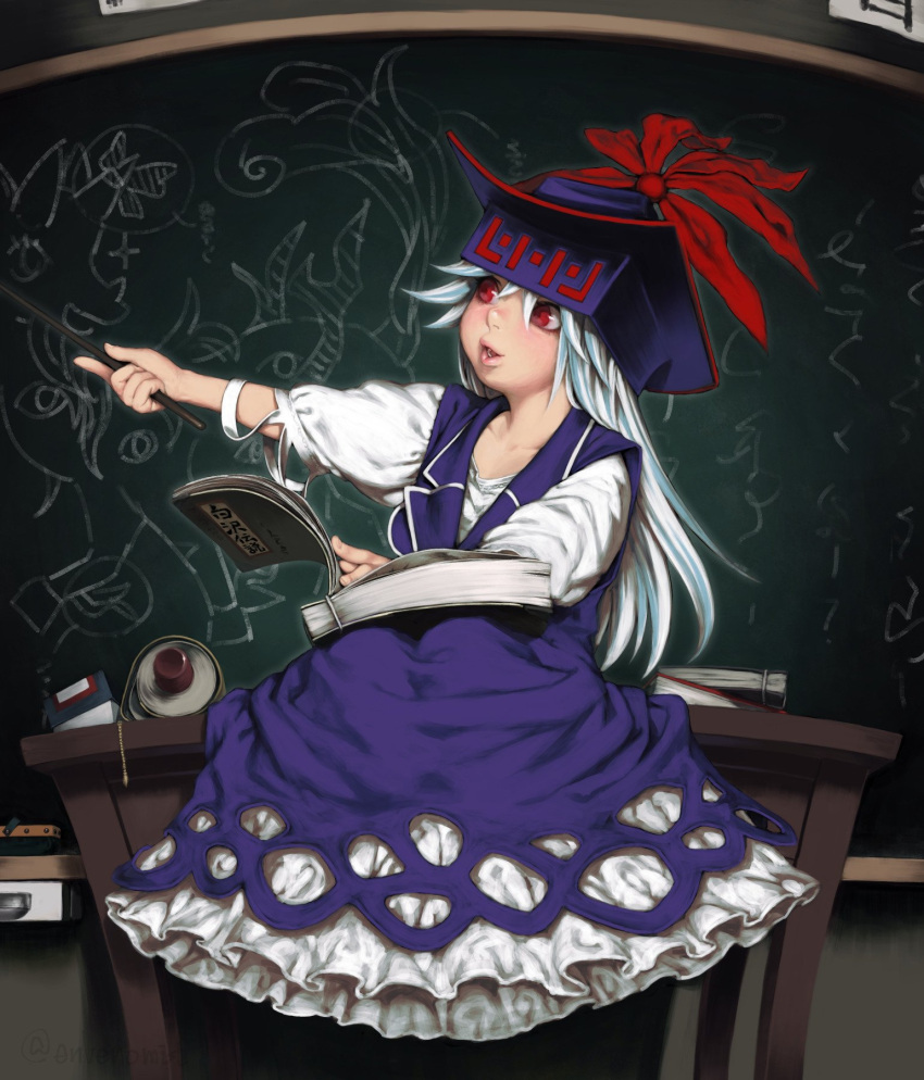 1girl age_regression blue_dress blue_hair blush book chalkboard desk dress full_body gengoroumaru_(ambidextrous) hat highres kamishirasawa_keine long_hair looking_away multicolored_hair on_desk open_book open_mouth oversized_clothes red_eyes scroll sitting sitting_on_desk smile solo teacher teaching touhou two-tone_hair white_hair younger