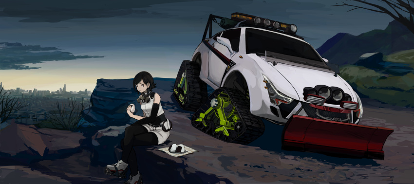 1girl black_eyes black_hair black_legwear blue_sky boots car caterpillar_tracks closed_mouth crop_top food gas_mask ground_vehicle highres holding holding_food legs_crossed looking_at_viewer mask_around_neck morakkyo_(mephilas_g3) motor_vehicle onigiri original outdoors pantyhose science_fiction shirt short_hair short_shorts shorts sitting sky sleeveless sleeveless_shirt snowplow solo