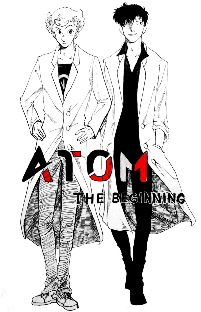 2boys atom:_the_beginning big_nose converse copyright_name full_body hair_over_one_eye hands_in_pockets hands_on_hips highres labcoat looking_at_viewer male_focus multiple_boys ochanomizu_hiroshi pointy_hair shoes short_hair simple_background sneakers tenma_umatarou tetsuwan_atom tsubaakii white_background