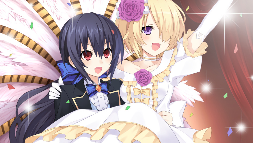 2girls bare_shoulders black_hair blonde_hair blossa_aizen blue_eyes blush breasts brown_hair carrying chou_megami_shinkou_noire_gekishin_black_heart dress flower game_cg gloves hair_flower hair_ornament highres long_hair medium_breasts multiple_girls neptune_(series) noire official_art open_mouth princess_carry red_eyes rose smile tsunako tuxedo violet_eyes wedding wedding_dress