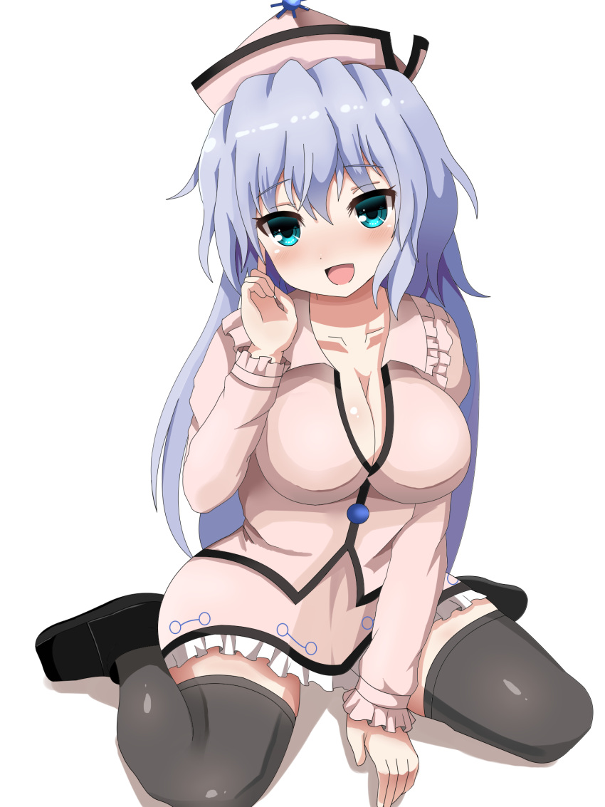 1girl alternate_hairstyle aqua_eyes between_legs black_legwear blouse blue_hair blush breasts cleavage guard_bento_atsushi hand_between_legs hand_on_own_face hat highres large_breasts long_hair looking_at_viewer merlin_prismriver older open_mouth shoes simple_background sitting skirt skirt_set solo thigh-highs touhou wariza white_background zettai_ryouiki