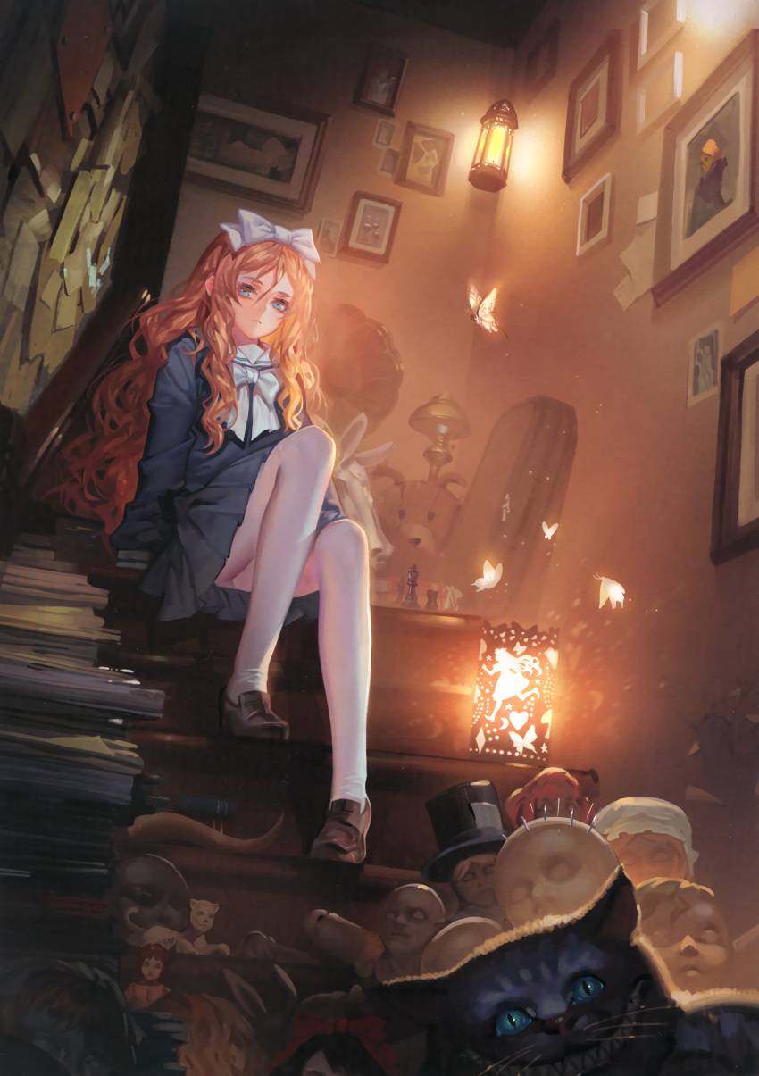 1girl :d absurdres alice_(wonderland) alice_in_wonderland alphonse_(white_datura) anima arms_at_sides bangs black_cat black_hat blonde_hair blue_eyes blue_shirt blue_skirt book book_stack bow bowtie brown_shoes butterfly cat cheshire_cat chess_piece closed_mouth desk_lamp doll dress grin hair_between_eyes hair_bow hair_ornament hat highres indoors lamp lantern loafers long_hair long_shirt long_sleeves looking_at_viewer mannequin notes open_mouth pantyhose picture_(object) pleated_skirt sailor_collar school_uniform shirt shoes sitting sitting_on_stairs skirt skirt_set slit_pupils smile solo stairs stuffed_animal stuffed_bunny stuffed_toy suitcase teddy_bear wavy_hair whiskers white_bow white_bowtie white_legwear
