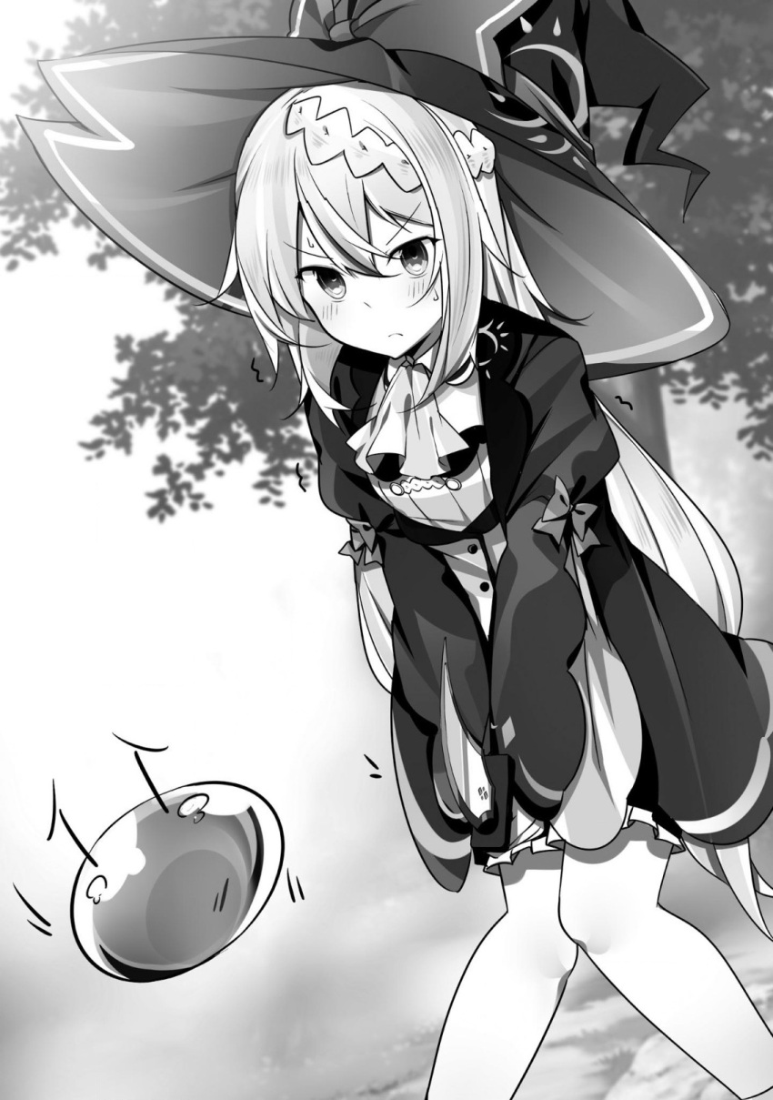 &gt;:( 1girl aizawa_azusa bangs closed_mouth eyebrows_visible_through_hair greyscale hair_between_eyes hat highres juliet_sleeves knees_together_feet_apart long_hair long_sleeves looking_at_another monochrome nmaaaaa outdoors puffy_sleeves slime slime_taoshite_300_nen_shiranai_uchi_ni_level_max_ni_nattemashita solo standing sweatdrop tree witch witch_hat